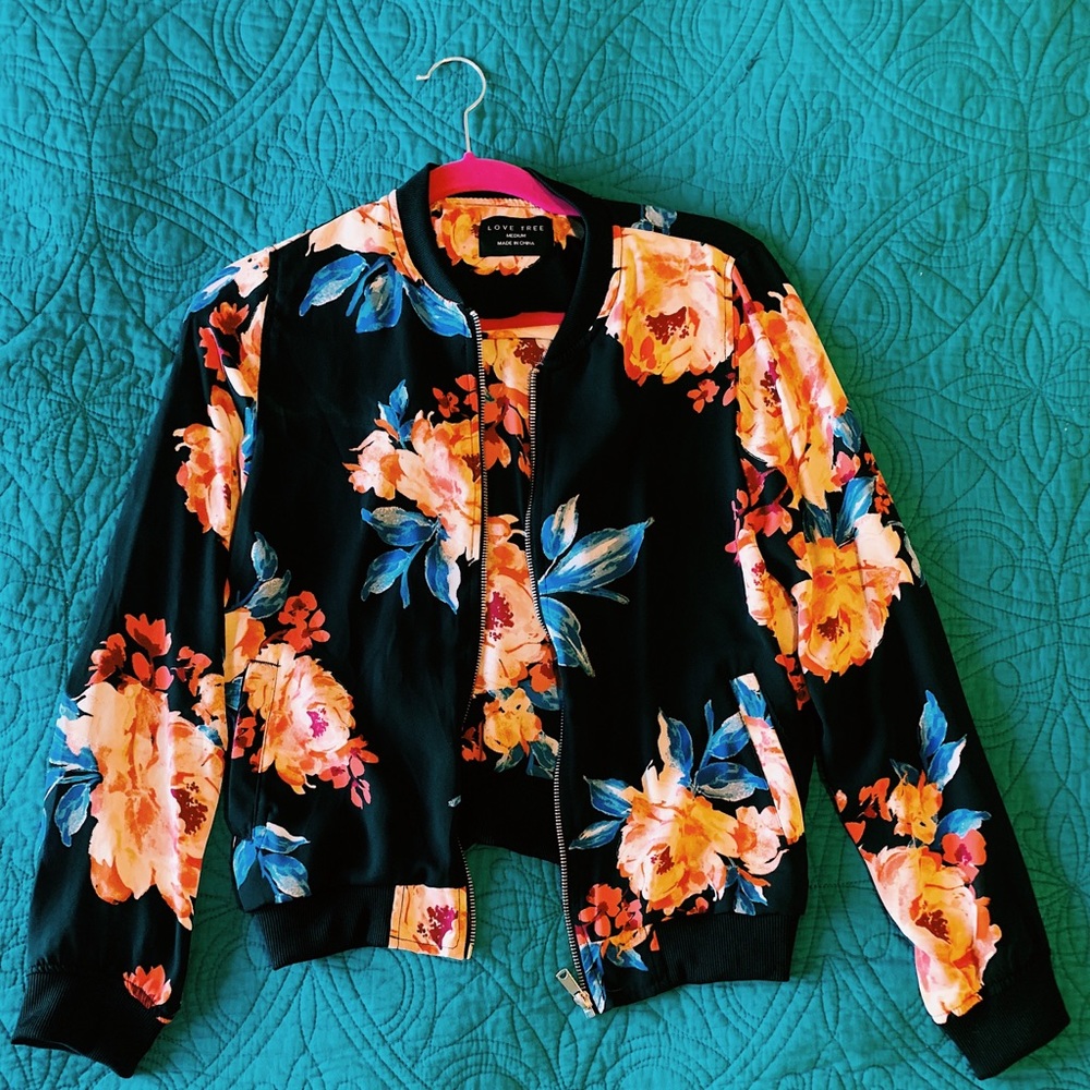Light Black Flowered Bomber Jacket